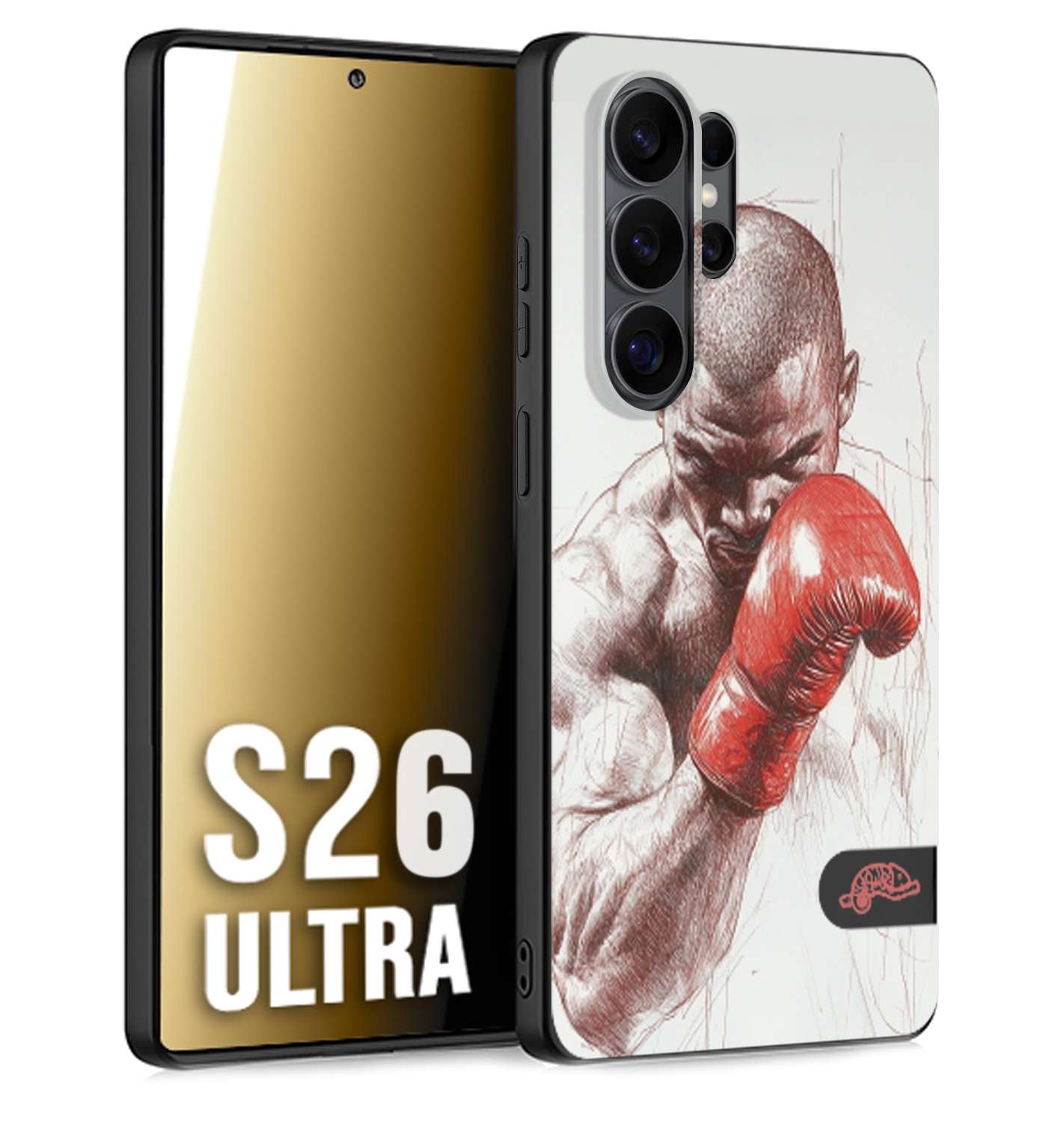 CUSTOMIZZA - Custodia cover nera morbida in tpu compatibile per Samsung S26 ULTRA pugilato pugili disegno tattoo guantoni box sport primo piano