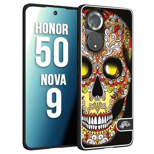 CUSTOMIZZA - Custodia cover nera morbida in tpu compatibile per Huawei Nova 9 - Honor 50 teschio messicano Mexican skull giallo rosso arancio