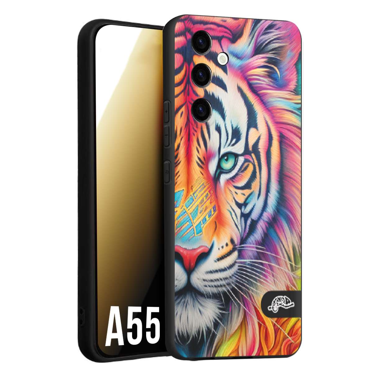 CUSTOMIZZA - Custodia cover nera morbida in tpu compatibile per Samsung A55 5G animali color tigre tiger viso colori vibranti disegnato schizzo