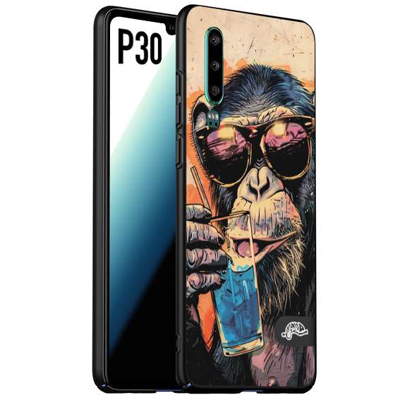 CUSTOMIZZA - Custodia cover nera morbida in tpu compatibile per Huawei P30 estate disegnata cocktails animali simpatici scimmia monkey negroni