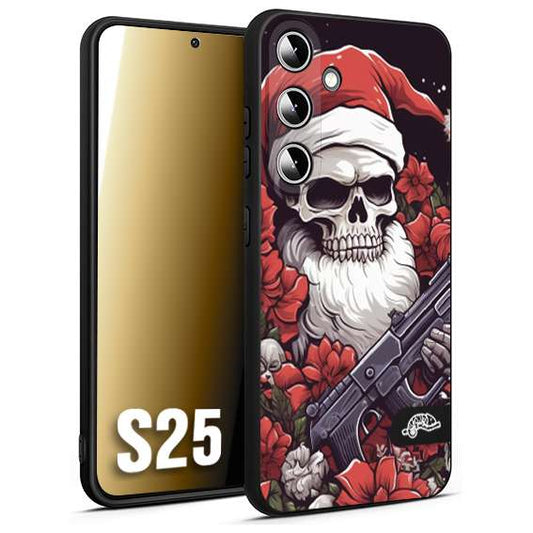 CUSTOMIZZA - Custodia cover nera morbida in tpu compatibile per Samsung S25 teschio natale santa claus fiori tattoo disegnato