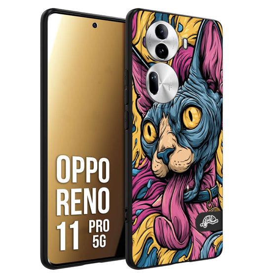 CUSTOMIZZA - Custodia cover nera morbida in tpu compatibile per Oppo Reno 11 PRO 5G Sphynx Colorato Pop Art Psichedelico Gatto Blu Rosa Giallo Artistica Fantasy