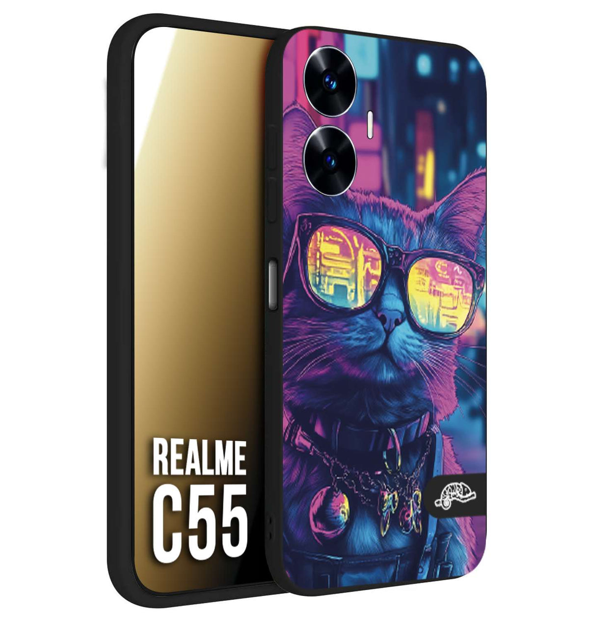 CUSTOMIZZA - Custodia cover nera morbida in tpu compatibile per Realme C55 animali cyberpunk gatto street cat fucsia blu giallo