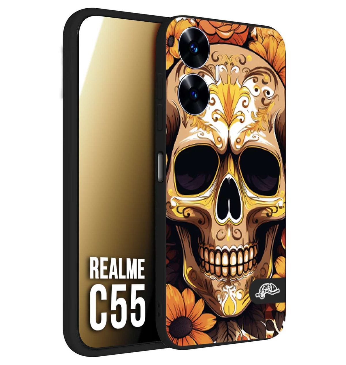 CUSTOMIZZA - Custodia cover nera morbida in tpu compatibile per Realme C55 teschio messicano colorato dorato fiori tattoo disegnato