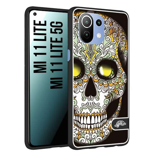 CUSTOMIZZA - Custodia cover nera morbida in tpu compatibile per Xiaomi Mi 11 Lite / Mi 11 Lite 5G teschio messicano Mexican skull bianco verde giallo