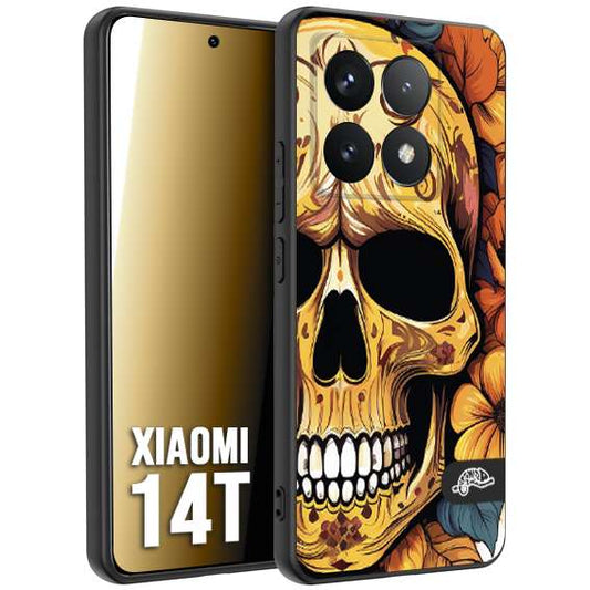 CUSTOMIZZA - Custodia cover nera morbida in tpu compatibile per Xiaomi 14T teschio messicano colorato dorato fiori autunnali disegnato