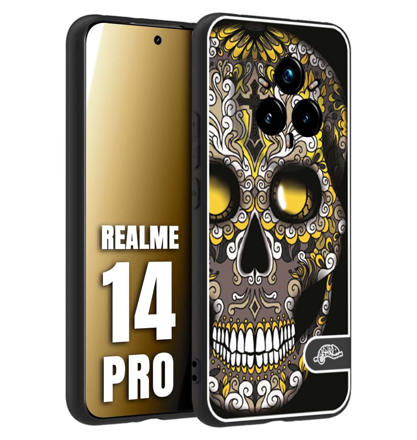 CUSTOMIZZA - Custodia cover nera morbida in tpu compatibile per Realme 14 PRO teschio messicano Mexican skull nero giallo