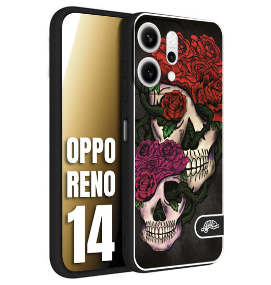 CUSTOMIZZA - Custodia cover nera morbida in tpu compatibile per Oppo Reno 14 teschi e rose rosse fucsia skull and roses
