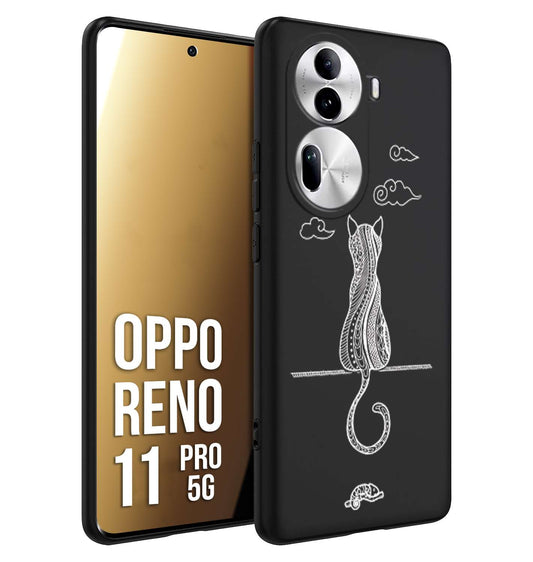CUSTOMIZZA - Custodia cover nera morbida in tpu compatibile per Oppo Reno 11 PRO 5G gatto mandala stilizzato gattino a rilievo soft touch donna bianca