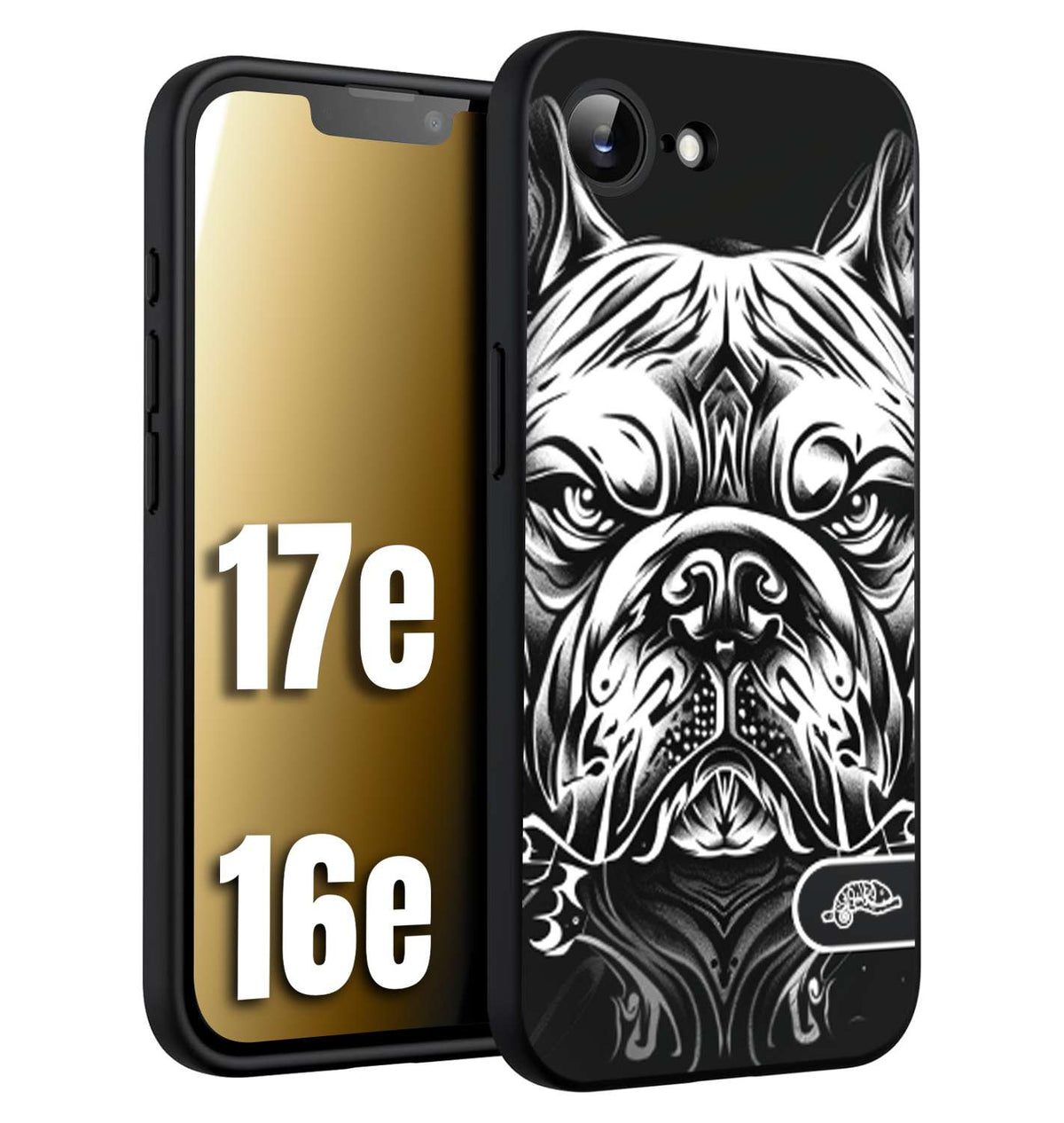 CUSTOMIZZA - Custodia cover nera morbida in tpu compatibile per iPhone 16E - 17E bulldog bianco a rilievo disegnato tattoo tatuaggio