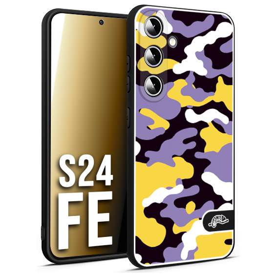 CUSTOMIZZA - Custodia cover nera morbida in tpu compatibile per Samsung S24 FE camouflage mimetico militare viola lilla giallo