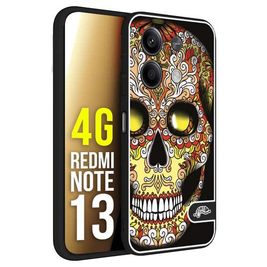 CUSTOMIZZA - Custodia cover nera morbida in tpu compatibile per Xiaomi Redmi Note 13 4G teschio messicano Mexican skull giallo rosso arancio
