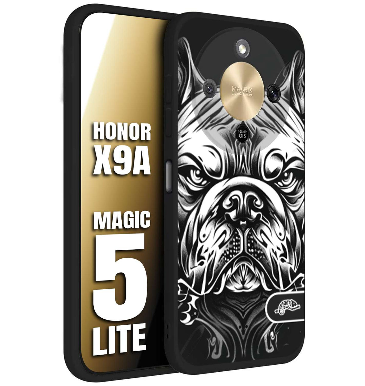 CUSTOMIZZA - Custodia cover nera morbida in tpu compatibile per Honor X9A - Honor Magic 5 Lite bulldog bianco a rilievo disegnato tattoo tatuaggio