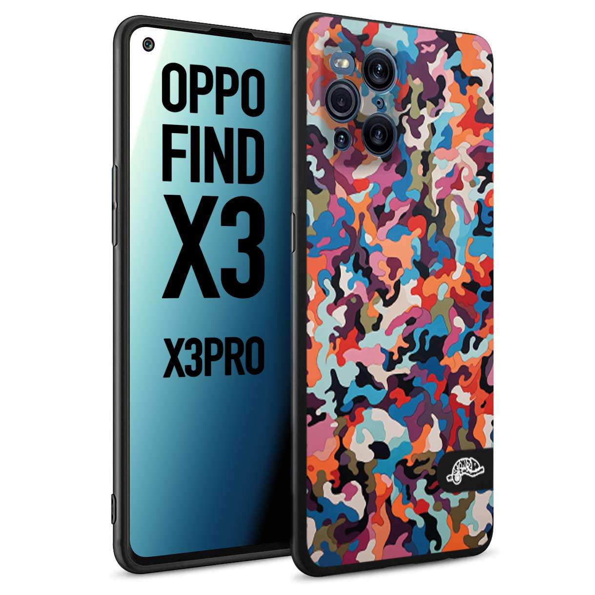 CUSTOMIZZA - Custodia cover nera morbida in tpu compatibile per Oppo Find X3 - Find X3 Pro 5G camouflage mimetico militare moderno blu arancio rosa