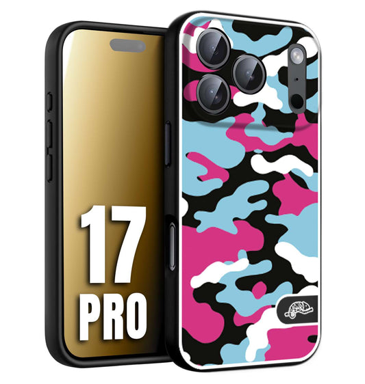CUSTOMIZZA - Custodia cover nera morbida in tpu compatibile per iPhone 17 PRO camouflage mimetico militare fucsia celeste