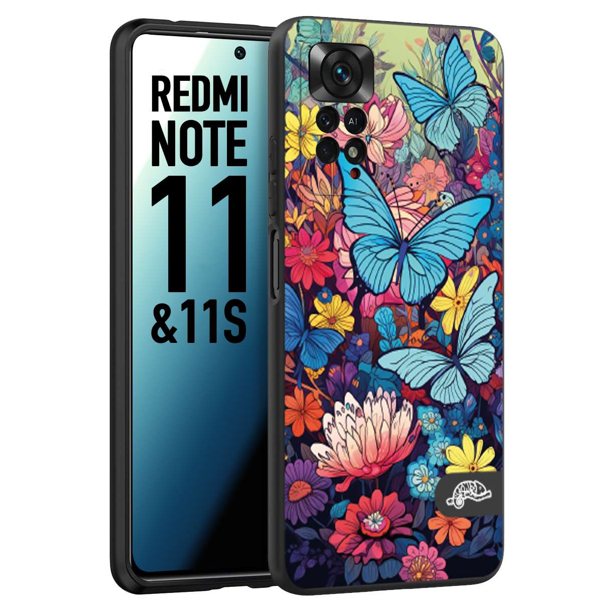 CUSTOMIZZA - Custodia cover nera morbida in tpu compatibile per Xiaomi Redmi Note 12 PRO - POCO X5 PRO farfalle butterfly moderno donna disegnate gialla blu rosa