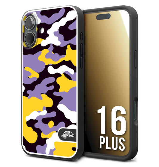 CUSTOMIZZA - Custodia cover nera morbida in tpu compatibile per iPhone 16 PLUS camouflage mimetico militare viola lilla giallo