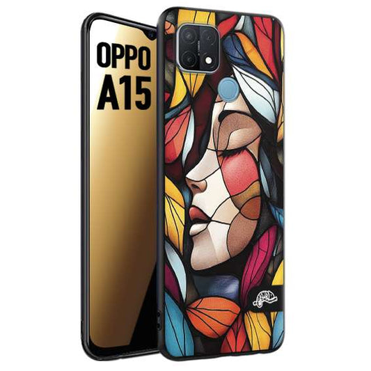 CUSTOMIZZA - Custodia cover nera morbida in tpu compatibile per Oppo A15 Vetrata artistica volto di donna profilo fogliare mosaico di vetro colorato