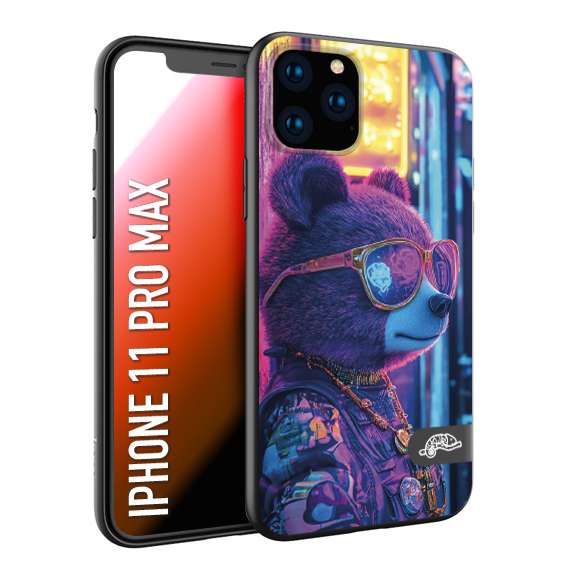 CUSTOMIZZA - Custodia cover nera morbida in tpu compatibile per iPhone 11 PRO MAX animali cyberpunk orsetto orso street bear fucsia blu night
