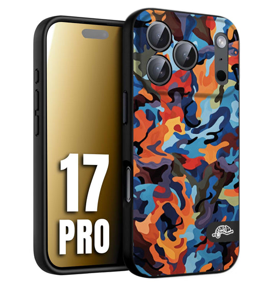 CUSTOMIZZA - Custodia cover nera morbida in tpu compatibile per iPhone 17 PRO camouflage mimetico militare moderno blu arancio rosso