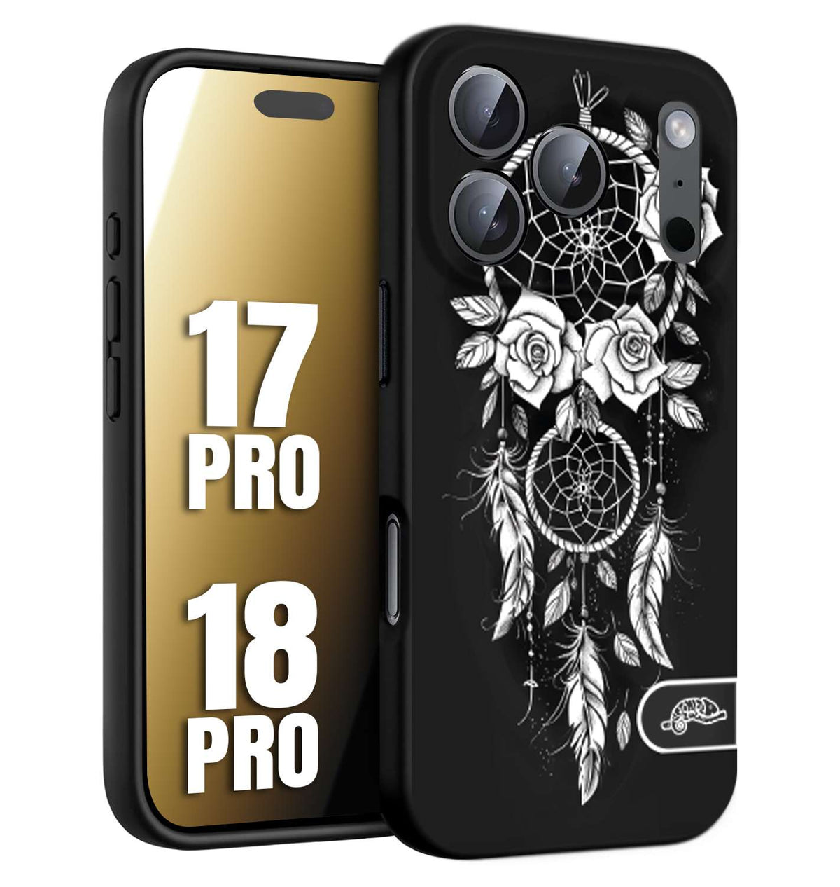 CUSTOMIZZA - Custodia cover nera morbida in tpu compatibile per iPhone 17 PRO - 18 PRO acchiappasogni dreamcatcher black and white bianco a rilievo disegnato tattoo tatuaggio