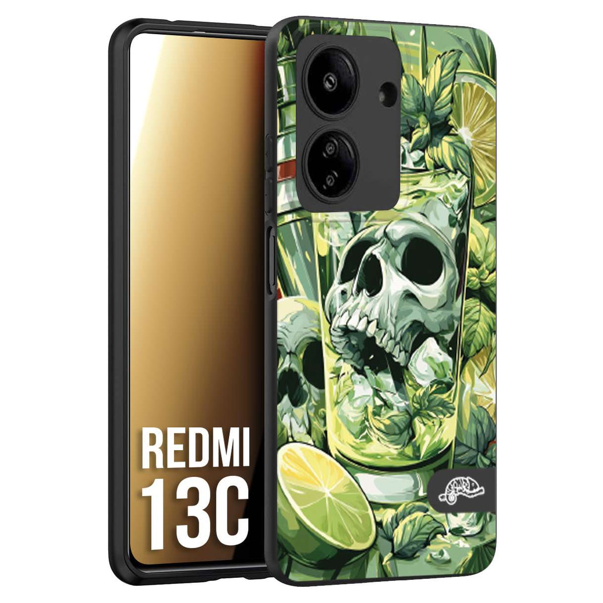 CUSTOMIZZA - Custodia cover nera morbida in tpu compatibile per Xiaomi Redmi 13C Mojito cocktail teschio illustrazione drink lime menta ghiacci tropicale street art