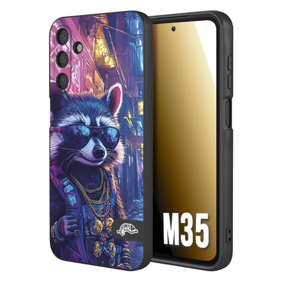 CUSTOMIZZA - Custodia cover nera morbida in tpu compatibile per Samsung M35 animali simpatici cyberpunk procione racoon street cat fucsia blu giallo