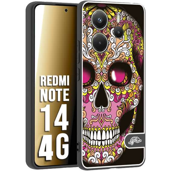 CUSTOMIZZA - Custodia cover nera morbida in tpu compatibile per Xiaomi Redmi Note 14 4G teschio messicano Mexican skull rosa gialla