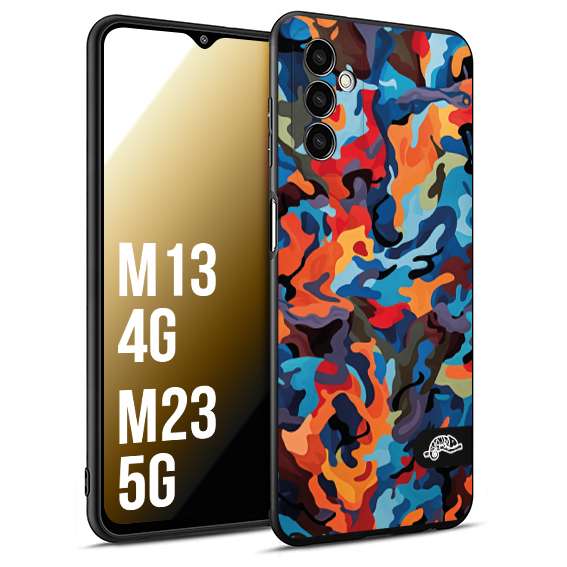 CUSTOMIZZA - Custodia cover nera morbida in tpu compatibile per Samsung M13 4G - M23 5G camouflage mimetico militare moderno blu arancio rosso