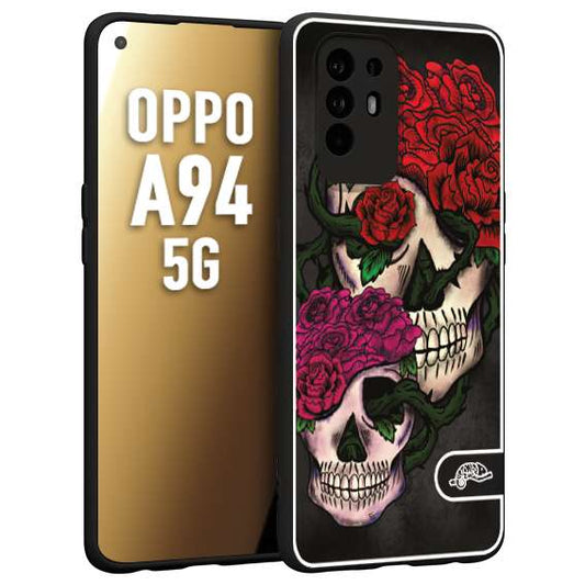 CUSTOMIZZA - Custodia cover nera morbida in tpu compatibile per Oppo A94 5G teschi e rose rosse fucsia skull and roses