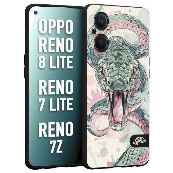 CUSTOMIZZA - Custodia cover nera morbida in tpu compatibile per Oppo Reno 7 Lite - 8 Lite - 7Z snake pink green serpente tatuaggio tattoo disegnato a mano
