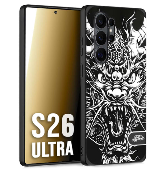 CUSTOMIZZA - Custodia cover nera morbida in tpu compatibile per Samsung S26 ULTRA drago black and white bianco a rilievo disegnato tattoo tatuaggio