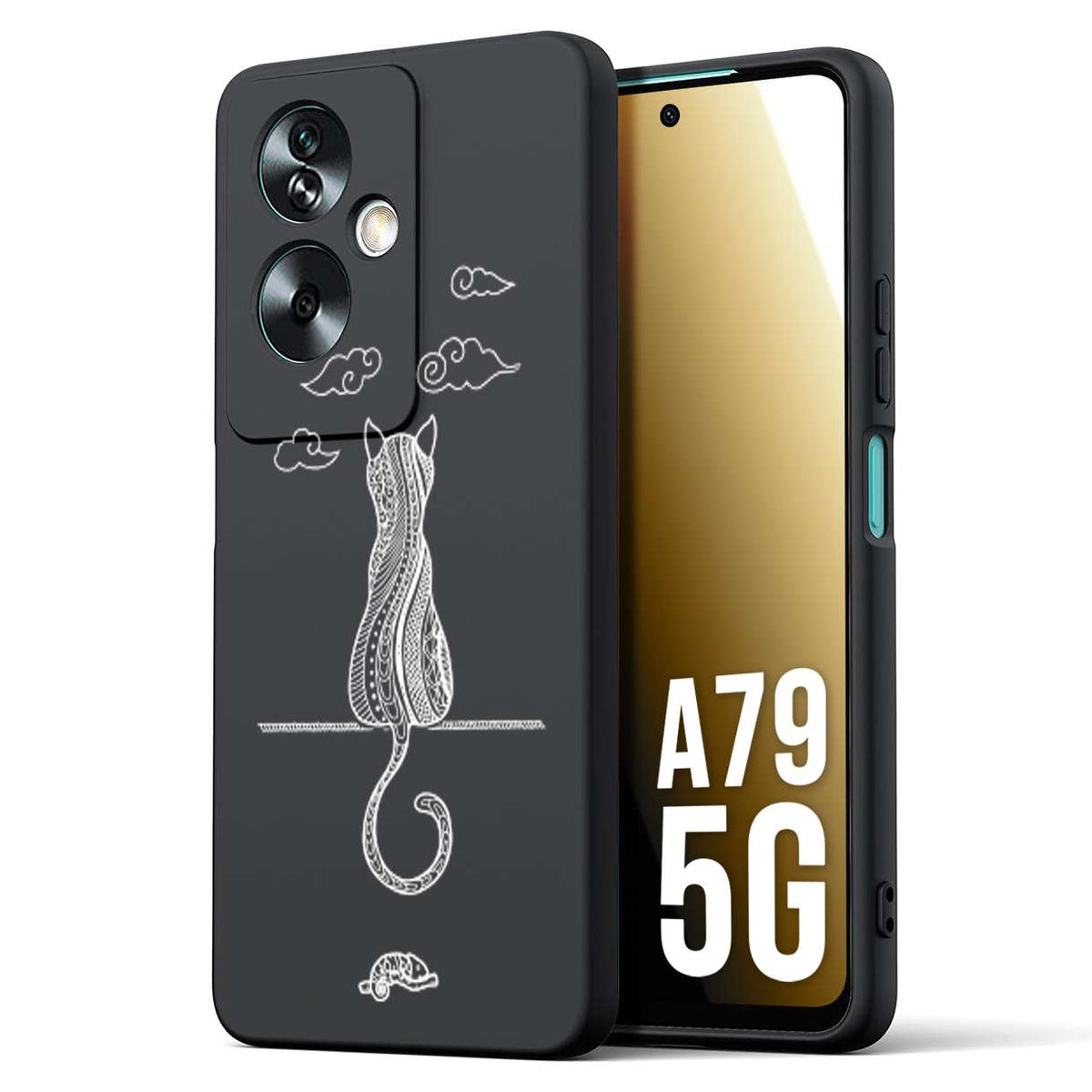 CUSTOMIZZA - Custodia cover nera morbida in tpu compatibile per Oppo A79 5G gatto mandala stilizzato gattino a rilievo soft touch donna bianca