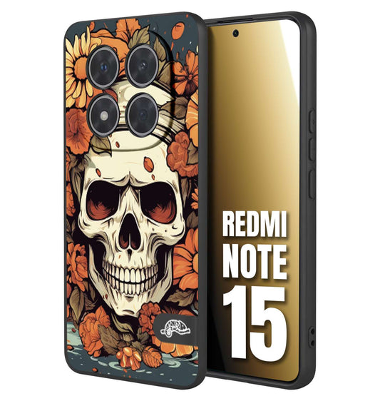 CUSTOMIZZA - Custodia cover nera morbida in tpu compatibile per Xiaomi Redmi Note 15 teschio skull flowers fiori tattoo disegnato alta definizione