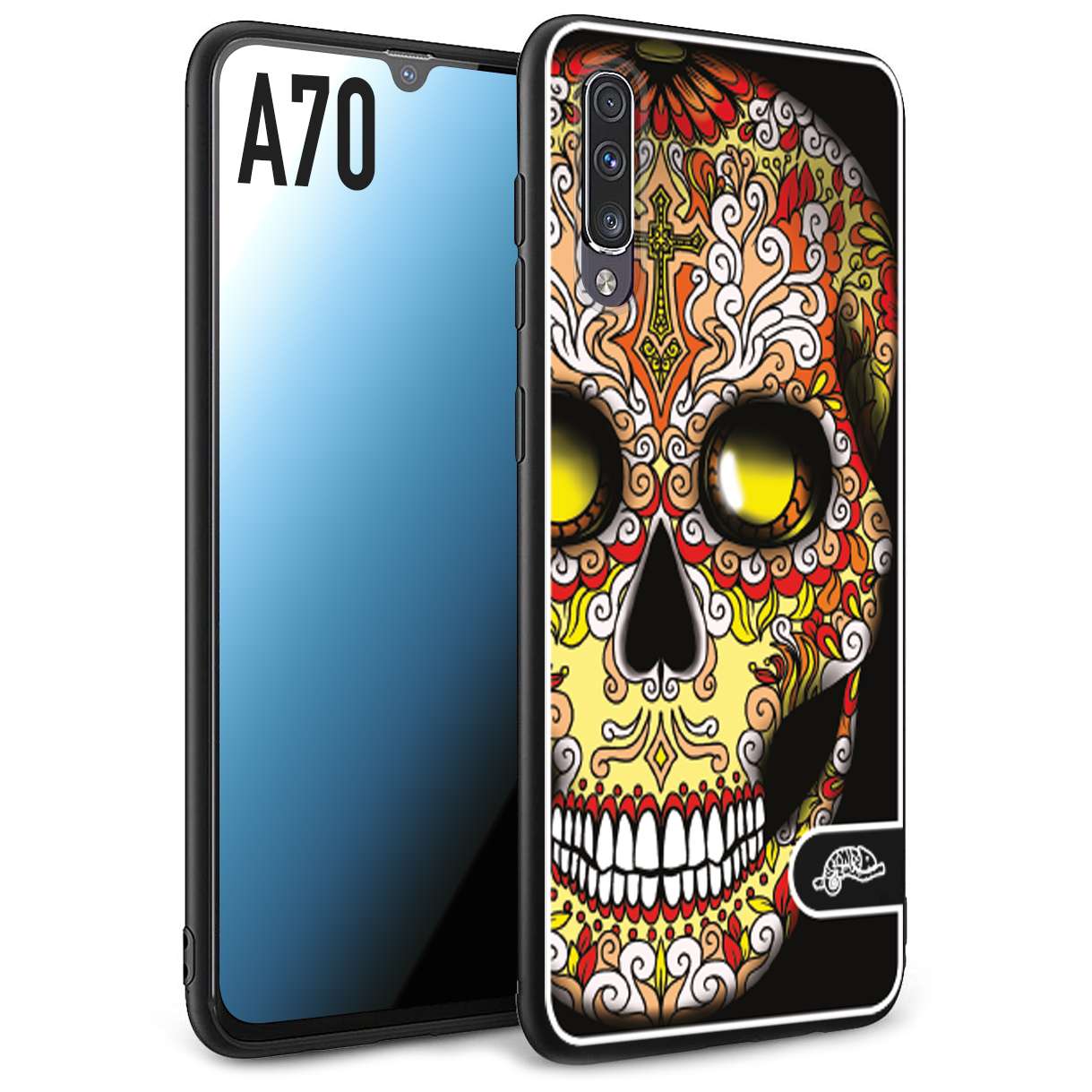 CUSTOMIZZA - Custodia cover nera morbida in tpu compatibile per Samsung A70 teschio messicano Mexican skull giallo rosso arancio