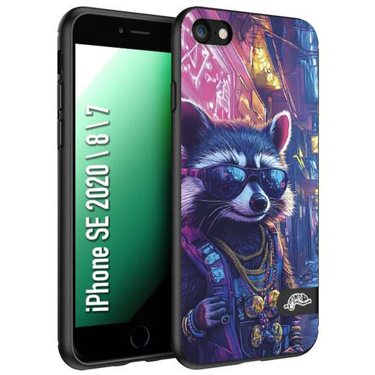 CUSTOMIZZA - Custodia cover nera morbida in tpu compatibile per iPhone 7 - 8 - SE 2020 / 2022 animali simpatici cyberpunk procione racoon street cat fucsia blu giallo