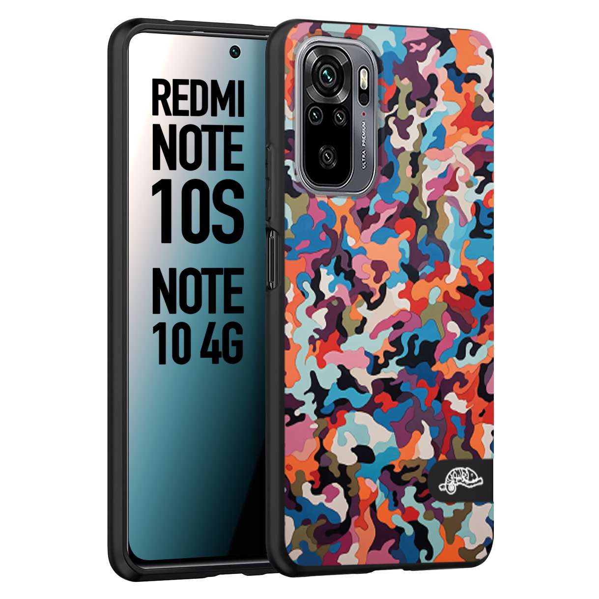 CUSTOMIZZA - Custodia cover nera morbida in tpu compatibile per Xiaomi Redmi Note 10S camouflage mimetico militare moderno blu arancio rosa