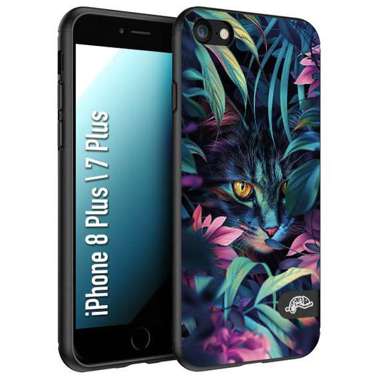 CUSTOMIZZA - Custodia cover nera morbida in tpu compatibile per iPhone 7 Plus - 8 plus animali color giungla tropicale occhio di gatto colori vibranti disegnato