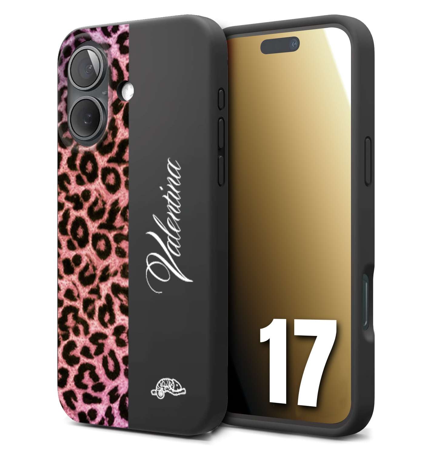 CUSTOMIZZA - Custodia cover nera morbida in tpu compatibile per iPhone 17 leopardato rosa fucsia personalizzata nome iniziali