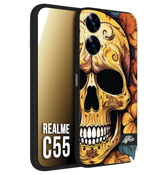 CUSTOMIZZA - Custodia cover nera morbida in tpu compatibile per Realme C55 teschio messicano colorato dorato fiori autunnali disegnato