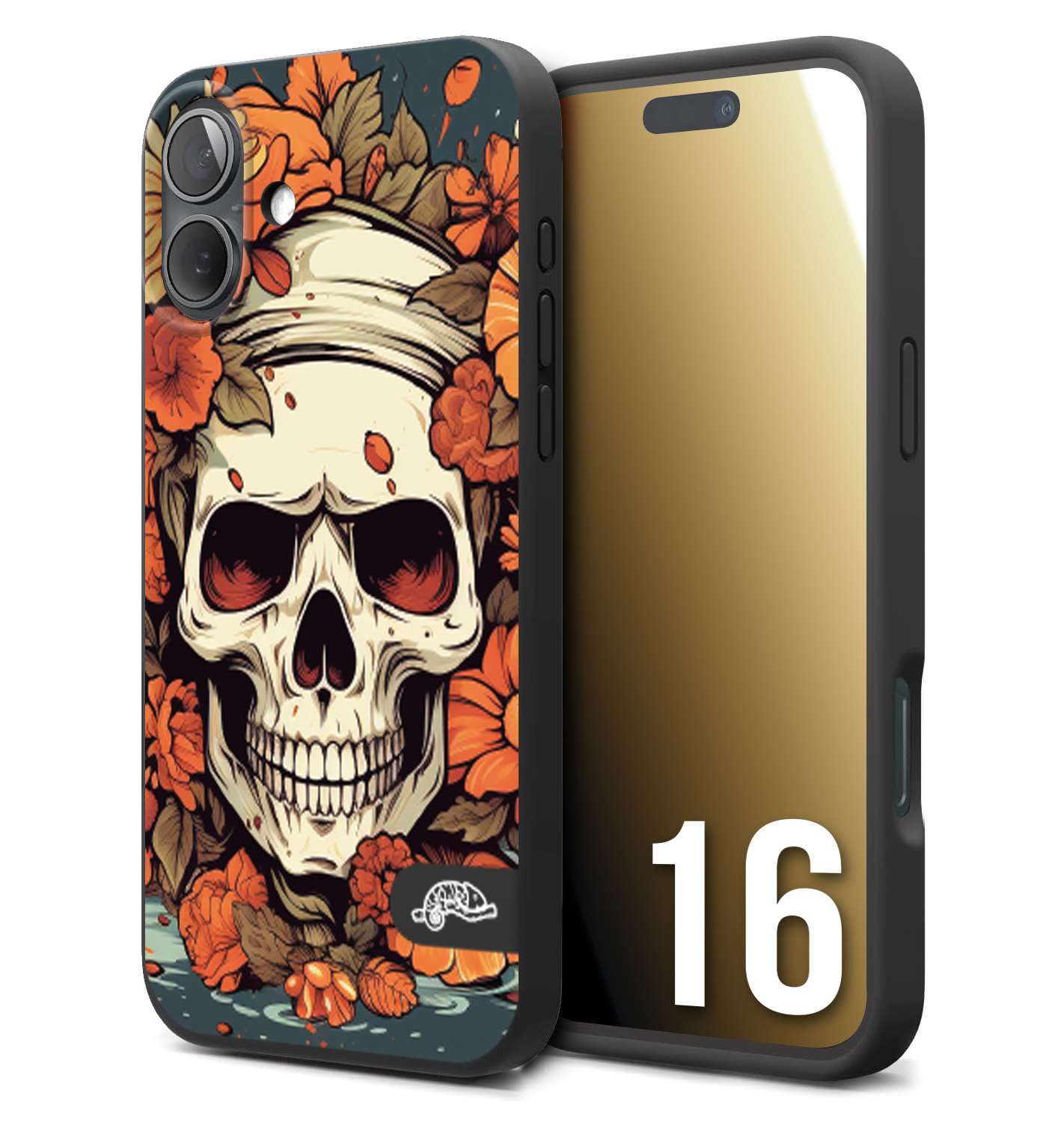 CUSTOMIZZA - Custodia cover nera morbida in tpu compatibile per iPhone 16 teschio skull flowers fiori tattoo disegnato alta definizione