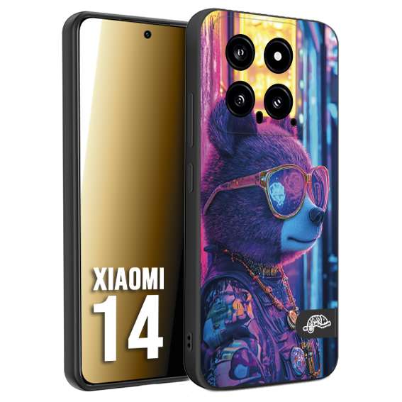 CUSTOMIZZA - Custodia cover nera morbida in tpu compatibile per Xiaomi 14 animali cyberpunk orsetto orso street bear fucsia blu night