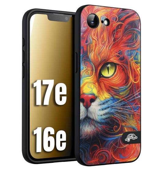 CUSTOMIZZA - Custodia cover nera morbida in tpu compatibile per iPhone 16E - 17E animali color cat gatto viso colori vibranti disegnato schizzo