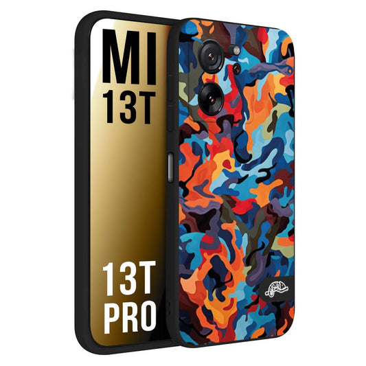 CUSTOMIZZA - Custodia cover nera morbida in tpu compatibile per Xiaomi 13T - 13T PRO camouflage mimetico militare moderno blu arancio rosso