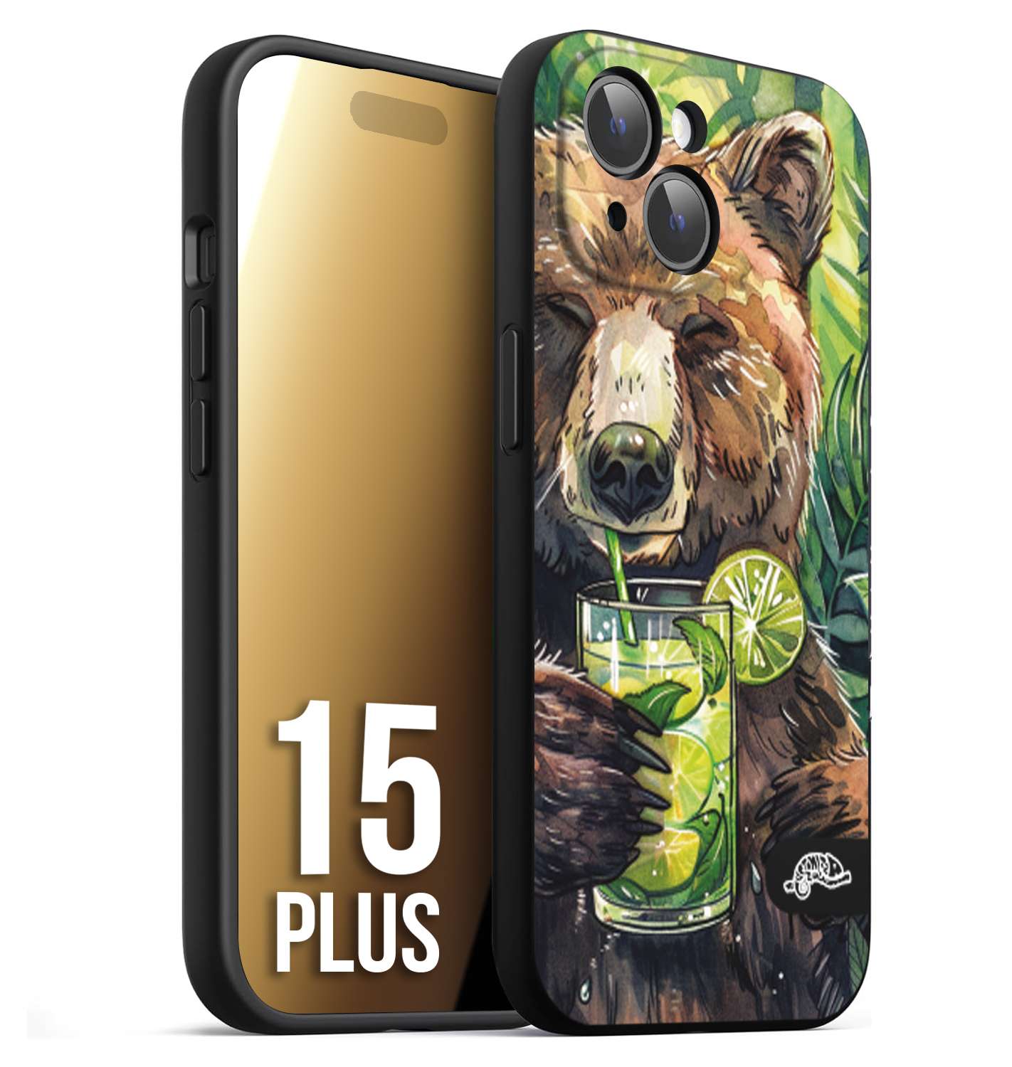 CUSTOMIZZA - Custodia cover nera morbida in tpu compatibile per iPhone 15 PLUS estate disegnata cocktails animali simpatici orso bear negroni