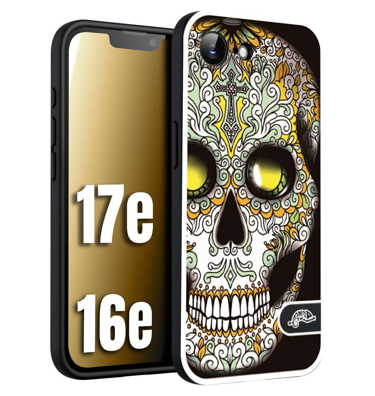CUSTOMIZZA - Custodia cover nera morbida in tpu compatibile per iPhone 16E - 17E teschio messicano Mexican skull bianco verde giallo