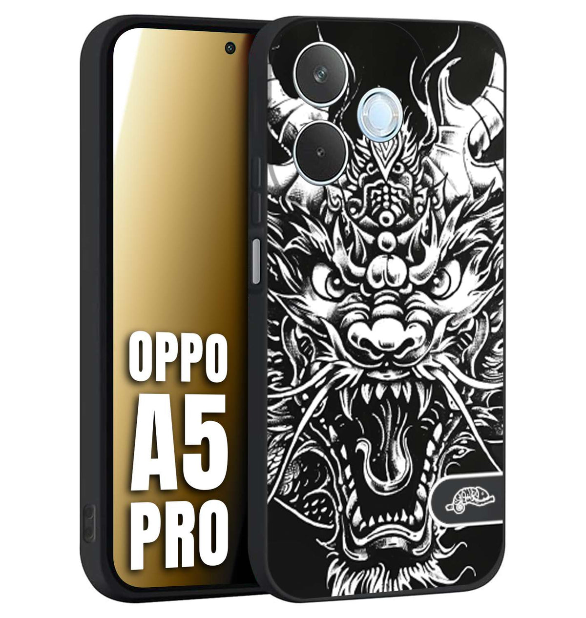 CUSTOMIZZA - Custodia cover nera morbida in tpu compatibile per Oppo A5 PRO drago black and white bianco a rilievo disegnato tattoo tatuaggio