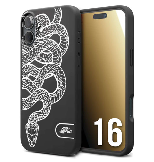 CUSTOMIZZA - Custodia cover nera morbida in tpu compatibile per iPhone 16 serpente snake bianco a rilievo disegnato tattoo tatuaggio