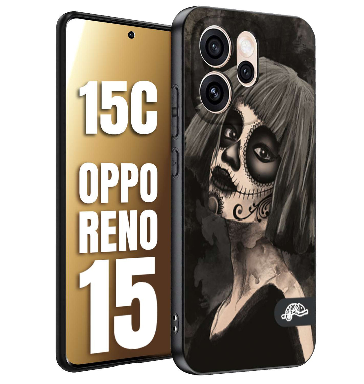 CUSTOMIZZA - Custodia cover nera morbida in tpu compatibile per Oppo Reno 15 - Reno 15Cchicana messicana dea de la muerte donna santa tattoo disegnata