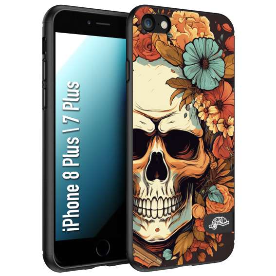 CUSTOMIZZA - Custodia cover nera morbida in tpu compatibile per iPhone 7 Plus - 8 plus teschio skull flowers fiori autunnali arancio celeste tattoo